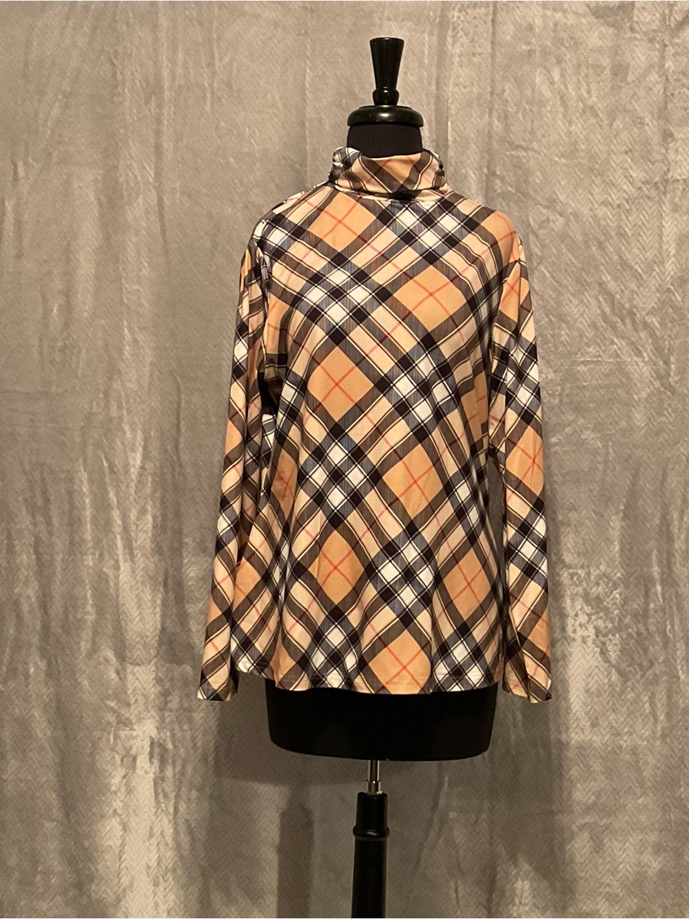 Plaid Long-Sleeve Mock Neck Top in Beige